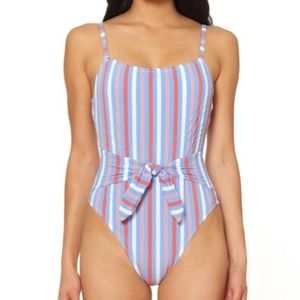 Jessica Simpson Swimsuit Stripe Multicolored Eyeshadow Multi Belted Swoop Neck